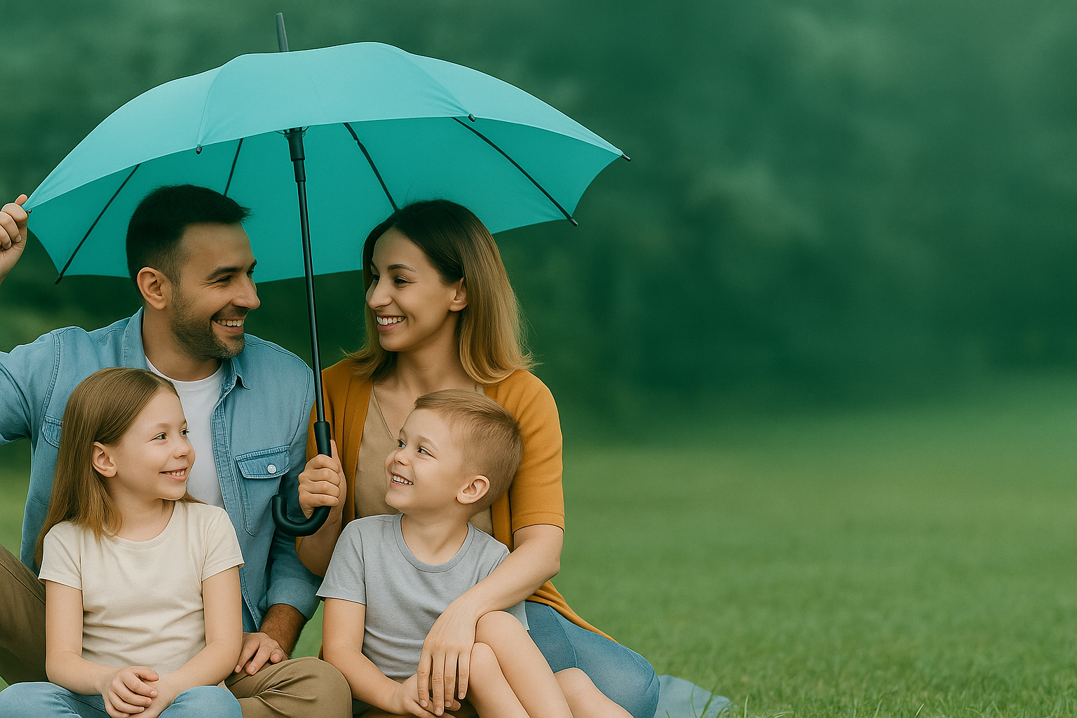 Happy family under umbrella symbolizing life, health and term insurance protection